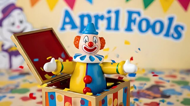 A colorful jack-in-the-box with a clown figure popping out, surrounded by confetti, with 'April Fools' text in the background.