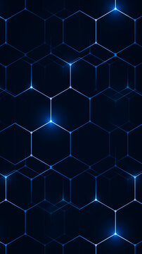 Abstract dark blue futuristic technological background with glowing hexagonal geometric shapes and network connections