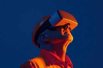 Man wearing VR headset and safety vest, experiencing immersive technology in a futuristic setting.  symbolizing innovation and future possibilities.
