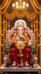Fototapeta premium Grand Traditional Lord Ganesha on Golden Throne: Red Attire, Jeweled Crown & Ornaments, Marigold Toran Arch with Chandelier, Red Lotus & Lit Diyas, Auspicious Festive Idol with Serene Divine Presence