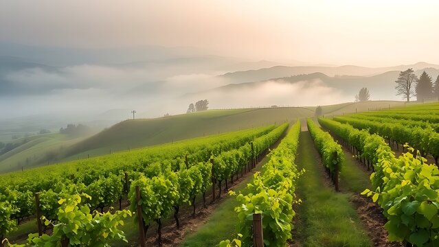 passphrase. Nebbiolo grape vineyard on Piedmont hillside with morning fog and rolling hills. travel magazines, destination branding, designed for outdoor magazines and nature guides.