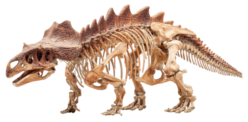 Horned dinosaur skeleton fossil skull frill bony plates quadruped stance prehistoric reptile museum exhibit brown bone articulated bones extinct species paleontology display, isolated