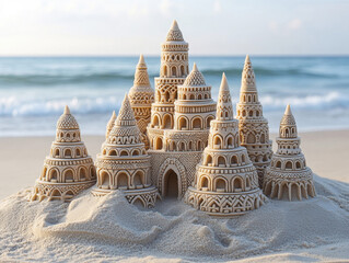 Intricate sandcastle stands proudly on the beach during golden h