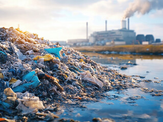 A large pile of garbage is visible in the foreground, with a nearby industrial plant emitting smoke in the background. The scene captures the impact of waste on the environment.