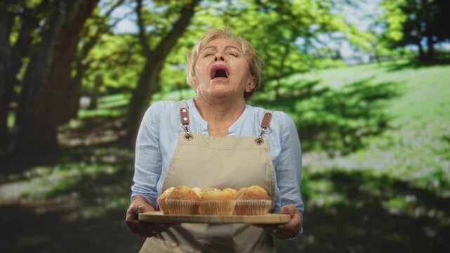 Senior hispanic woman wearing apron holding tray of muffins with mouth open mid sneeze in forest; surprise.