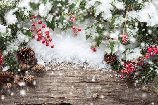 Christmas decoration with snow berries pine cones and wooden background