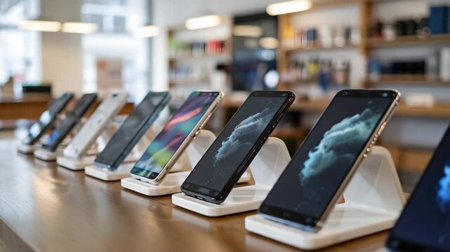 Sleek modern smartphones displayed on a wooden counter in a bright technology store showro