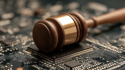 A wooden gavel rests upon a computer circuit board, symbolizing legal and digital technology