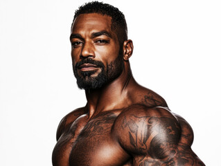 A muscular man stands confidently, displaying his well-defined arms and torso. The studio setting highlights his physique under bright lighting, emphasizing his fitness journey and strength.