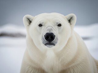 Closeup of a polar bear looking directly at the camera in snowy landscape