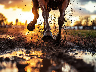 Horse galloping through muddy terrain at sunset