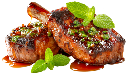 Grilled lamb chop mint sauce herb glaze bone seared meat juicy texture caramelized crust gourmet dinner savory glaze succulent protein deliver mouthwatering aroma and rustic charm, isolated