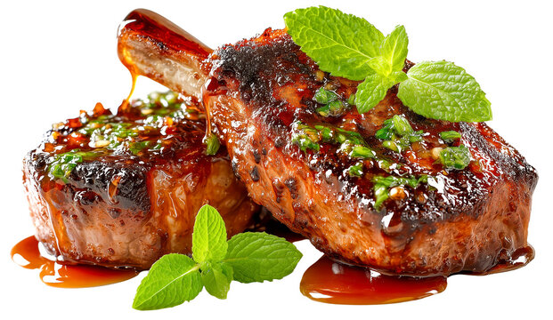 Grilled lamb chop mint sauce herb glaze bone seared meat juicy texture caramelized crust gourmet dinner savory glaze succulent protein deliver mouthwatering aroma and rustic charm, isolated