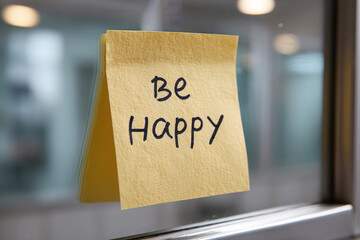 Be Happy Note: A simple Be Happy note on a Post-it note reminds us to embrace positivity. A moment to reflect and appreciate the happiness in our life