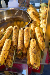 A close-up shot showcases grilled corn on the cob at a street food vendor, perfect for a summer treat.
