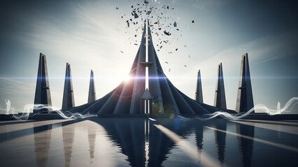 Futuristic cityscape with sleek skyscrapers and bright light beam shining