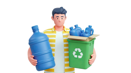 Man Holding Water Jug and Recycling Bin with Plastic Bottles