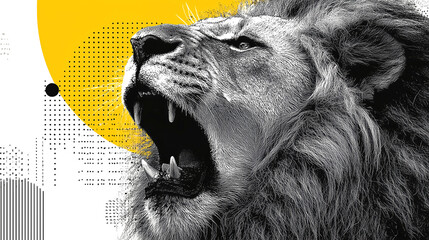 Roaring lion wildlife predator mane monochrome yellow abstract geometric halftone dots surge with power and grit bold contrast graphic art style dynamic energy fierce focus modern vibe, isolated