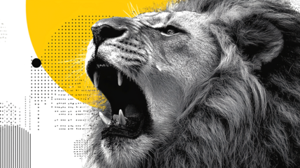 Roaring lion wildlife predator mane monochrome yellow abstract geometric halftone dots surge with power and grit bold contrast graphic art style dynamic energy fierce focus modern vibe, isolated