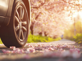 Cherry blossom pathway with car parked nearby during sunset