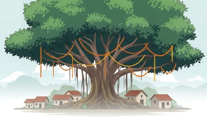 Illustration of a large tree with colorful decorations and small houses