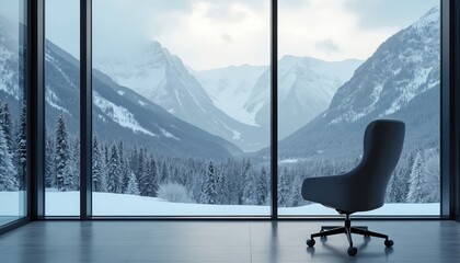 Obraz premium Modern office chair faces large window with snowy mountain forest view. Interior offers comfort and remote work setting. Peaceful winter landscape outside.
