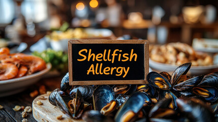 Digital screen display showing alert "Shellfish Allergy" with shrimp and mussels on a plate