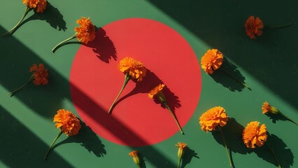 Vibrant orange flowers on green background with red circle shadow