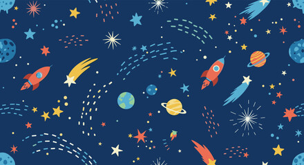Estores personalizados com sua foto Fun and colorful seamless space pattern with cartoon rockets, planets, stars, and comets on a dark blue background for kids.