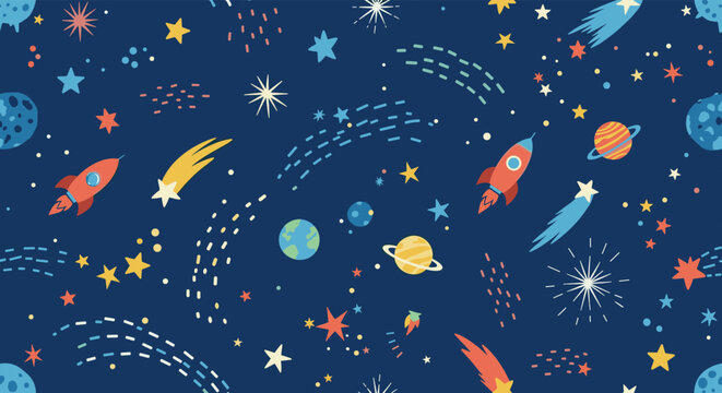 Fun and colorful seamless space pattern with cartoon rockets, planets, stars, and comets on a dark blue background for kids.