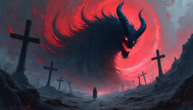 Anime monster with red eyes and horns emerges from fiery sky over dark cemetery. Silhouette figure walks towards demonic creature amidst gravestones. Hellish landscape, ominous mood, fear.