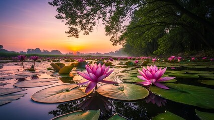 Serene water lilies floating on a peaceful pond at sunset with trees