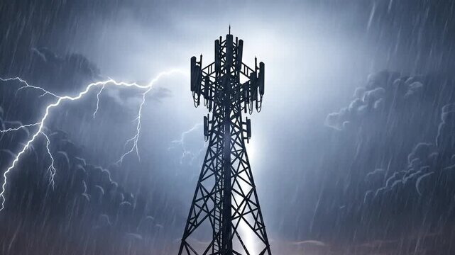Silhouette of a telecommunications tower against a dramatic sky with lightning strikes during a storm.