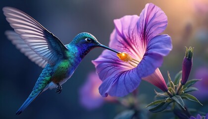 Obraz premium Small hummingbird with iridescent blue green feathers drinks nectar from a large purple flower. Tiny bird hovers mid air near plant bloom. Close up nature scene with blurred background bokeh.