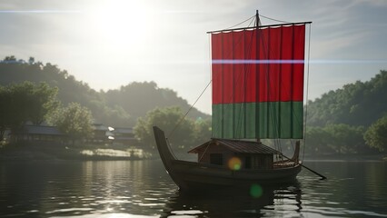 Traditional boat with colorful sails on serene lake surrounded by trees