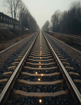 Atmospheric perspective of parallel steel railway tracks stretching into the morning fog along a lonely iron path toward the distant horizon