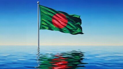 Flag of bangladesh waving on a pole over water with blue sky background