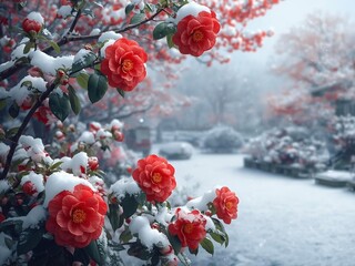 雪に包まれた日本庭園と椿