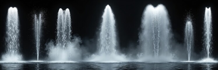 Obraz premium Multiple powerful water jets create abstract shapes in darkness. Cascading streams and mist rise from a still dark pool. Water fountains erupt upwards in impressive dynamic display, nature power.