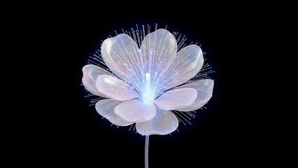 Glowing fiber optic flower lamp with blue light on black background.
