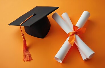 Black graduation cap with orange tassel rests beside rolled diplomas tied with orange ribbon on bright orange background. Represents academic success and education completion.