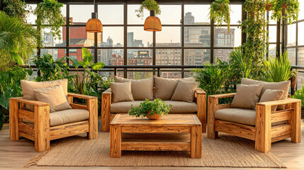 Obraz premium Salon with Scandinavian furniture and birch wood accents, natural background