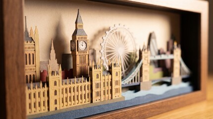 Obraz premium London Skyline Miniature: A meticulously crafted miniature representation of the iconic London skyline, showcasing famous landmarks within a detailed wooden frame.