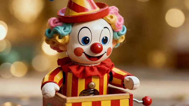 A cheerful, colorful jack-in-the-box clown toy with a striped hat and ruffled collar, emerging from its striped wooden box.