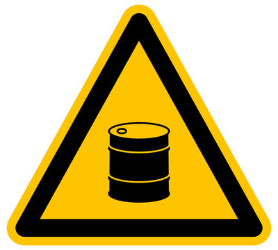 Se&ntilde;al de advertencia con barril de petr&oacute;leo ilustraci&oacute;n de vector fondo amarillo s&iacute;mbolo de industria combustible energ&iacute;a y sustancias peligrosas log&iacute;stica de aceite y gasolina crudo