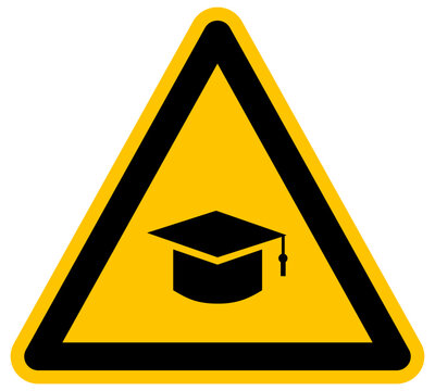 Se&ntilde;al de advertencia con birrete de graduaci&oacute;n ilustraci&oacute;n de vector fondo amarillo s&iacute;mbolo de educaci&oacute;n universidad estudio &eacute;xito acad&eacute;mico formaci&oacute;n y t&iacute;tulo de graduado escolar