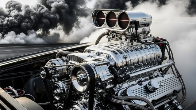 A powerful supercharged engine roaring to life amidst clouds of tire smoke in a drag race