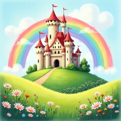 Fairytale castle under rainbow