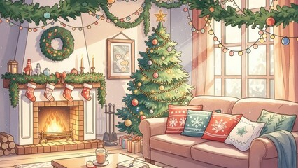 Cozy Christmas Eve: A delightful illustration of a festive living room ambiance