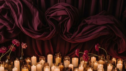 Romantic ambiance with candles and flowers on elegant burgundy fabric